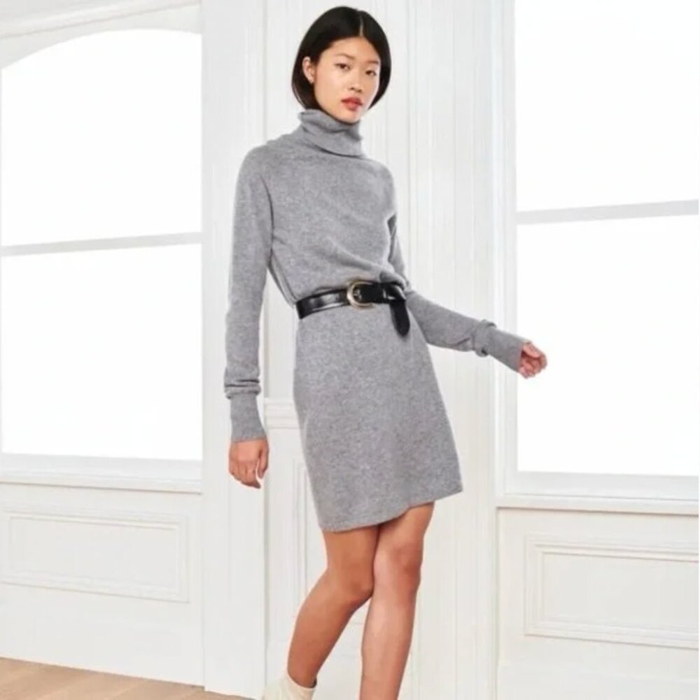 Quince Mongolian Cashmere Turtleneck Sweater Dress, Heather Grey, Size M